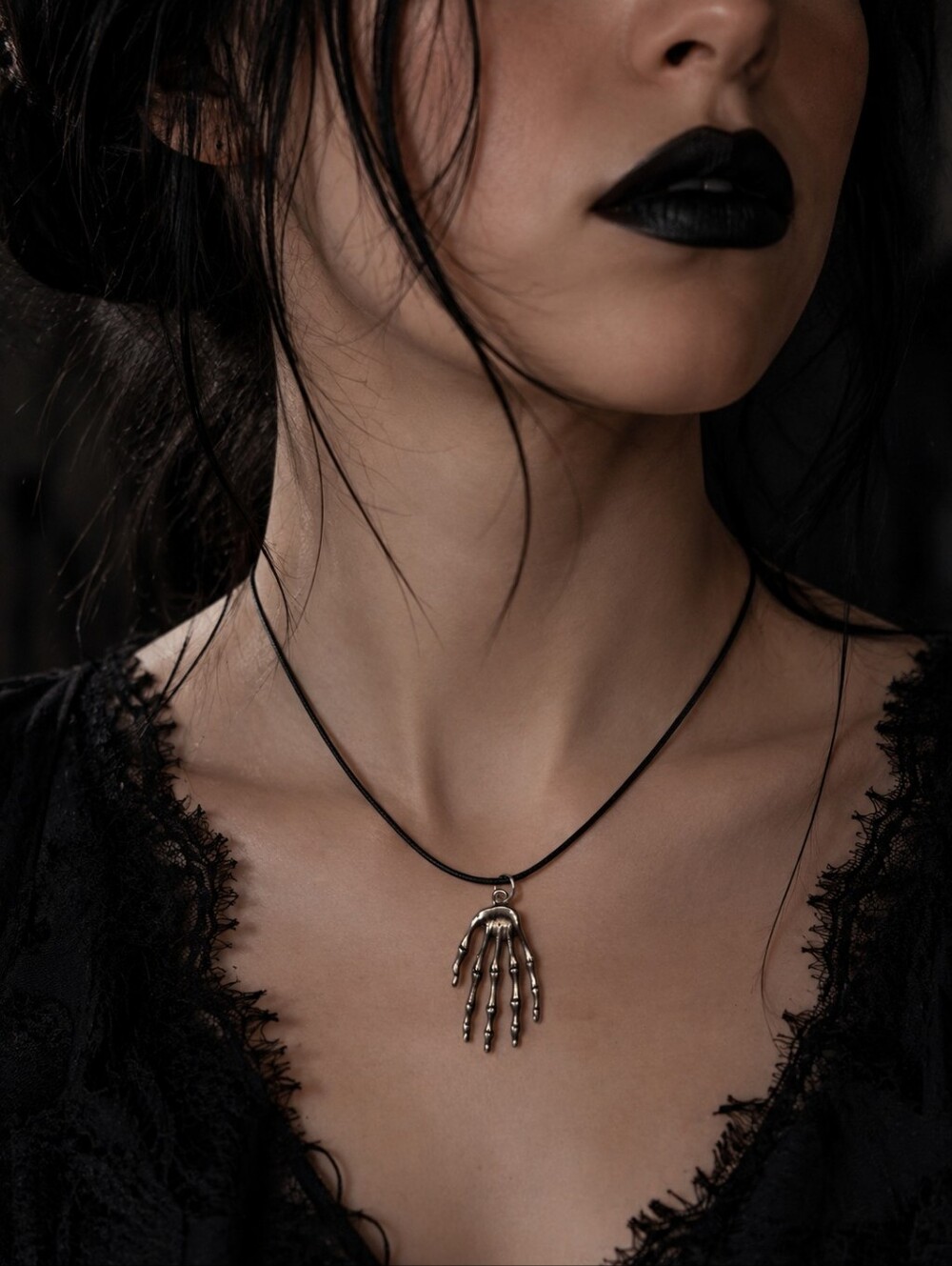 Gothic Skeleton Hand Pendant Charm On Black Medallion Cord Necklace Goth Jewelry